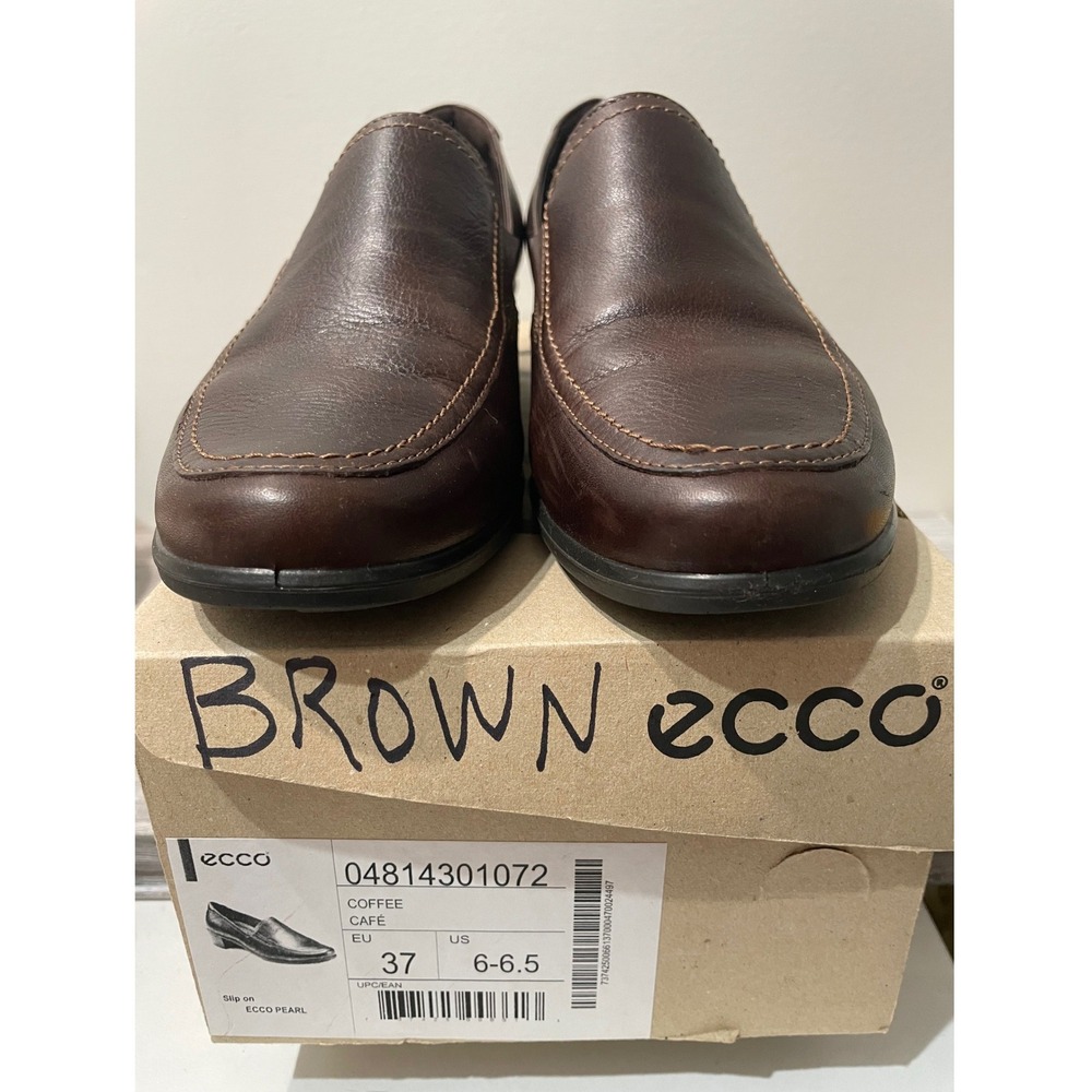 ECCO Pearl Brown Leather Slip On Loafers Square Toe Block Heel Womens 37 6.5